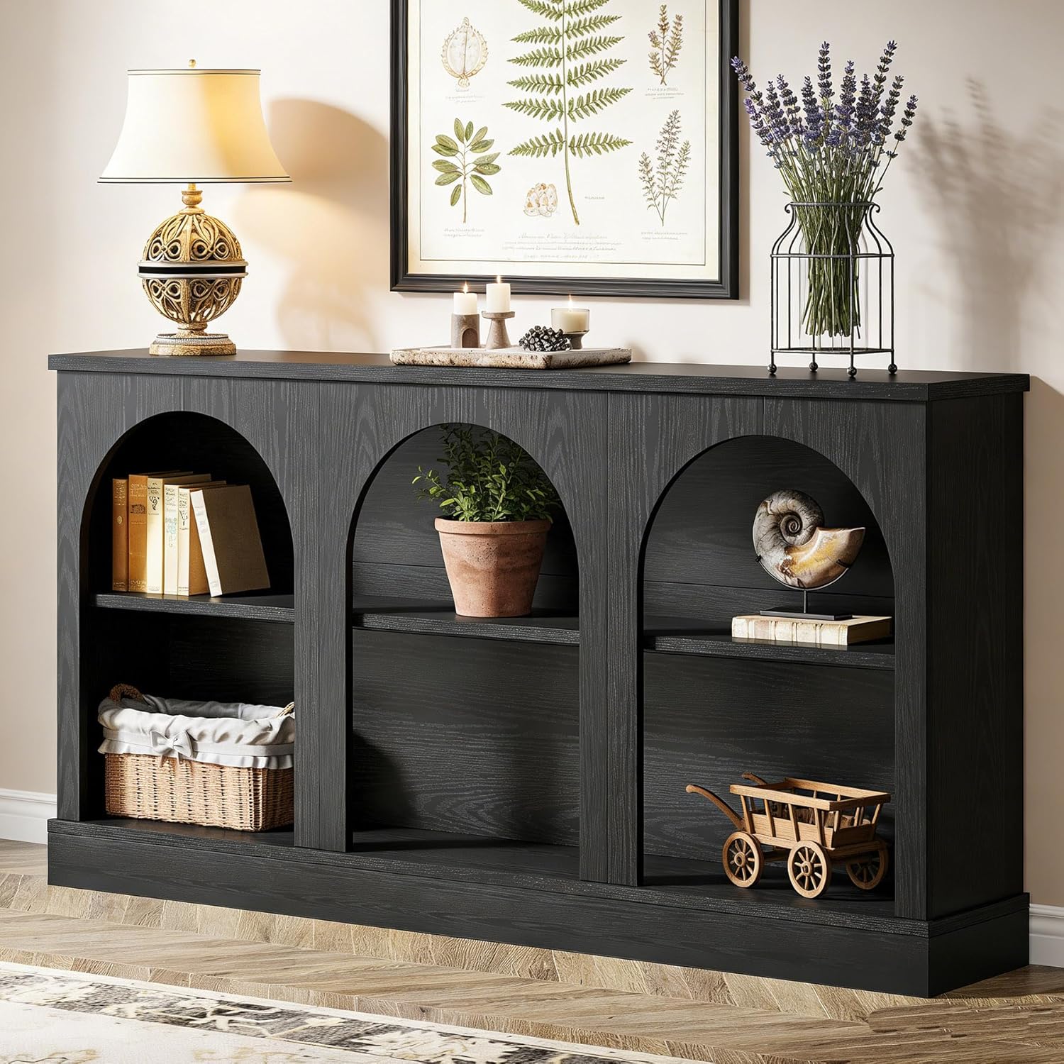 Tribesigns Wooden Narrow Entryway Table with 3-Tier Storage Shelf, 63" Long Modern Farmhouse Sofa Console Table for Hallway, Living Room, Entrance, or Bedroom (Black)