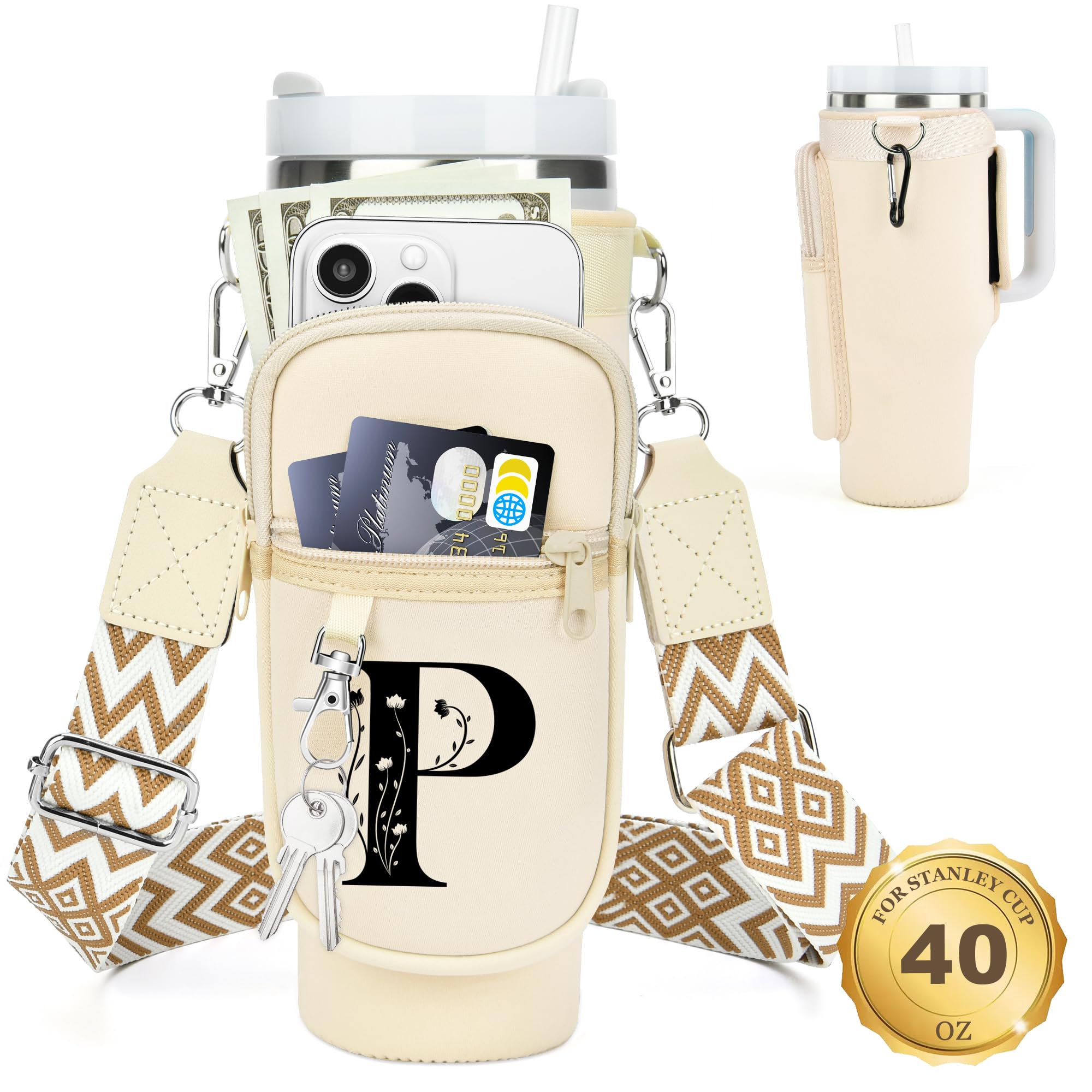 Initial Water Bottle Holder with Strap for Stanley Cup 40 oz Tumbler