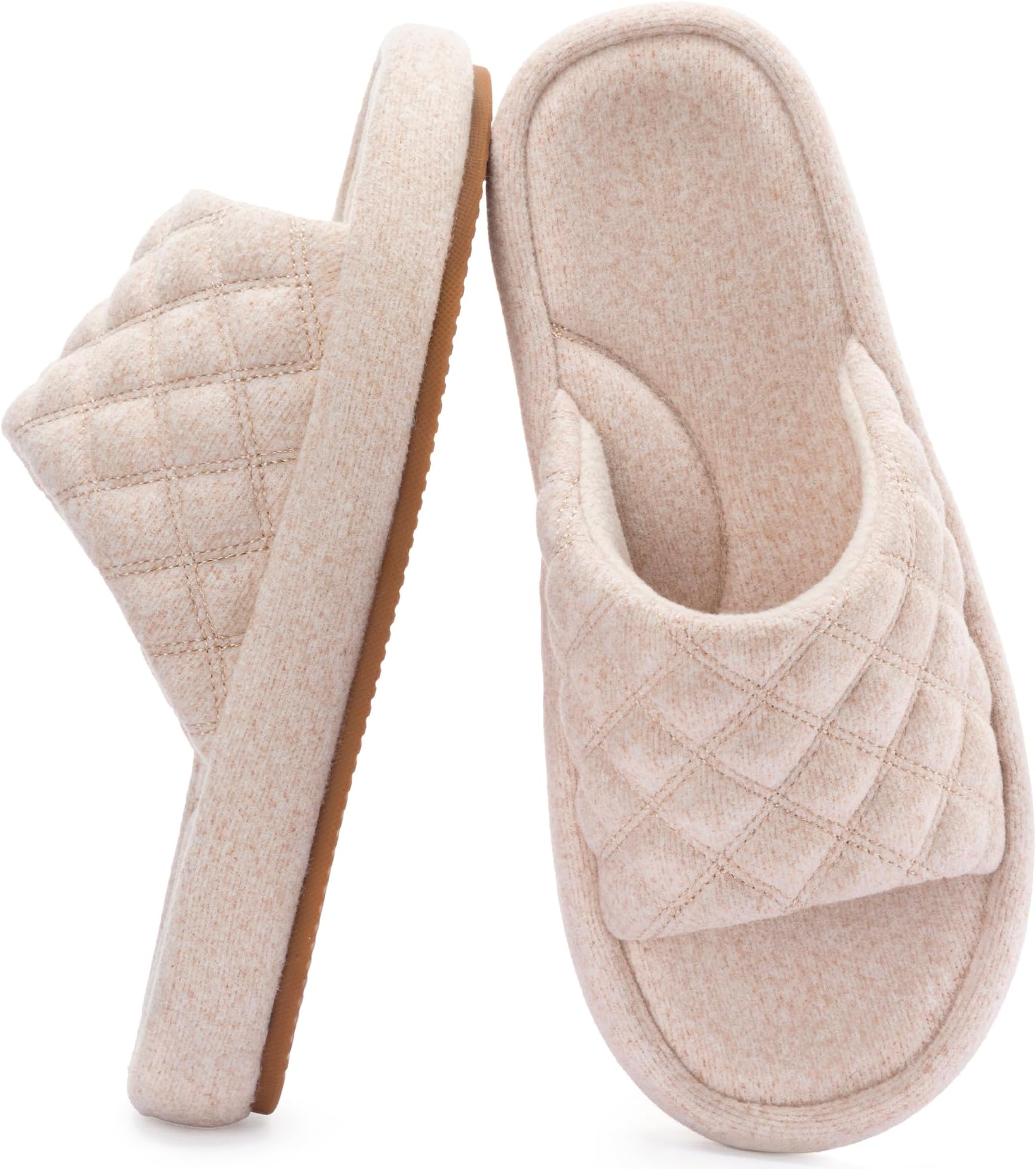 Womens Felt Quilted Open Toe Slide Slippers with Arch Support and Memory Foam Cozy House Shoes Indoor Outdoor