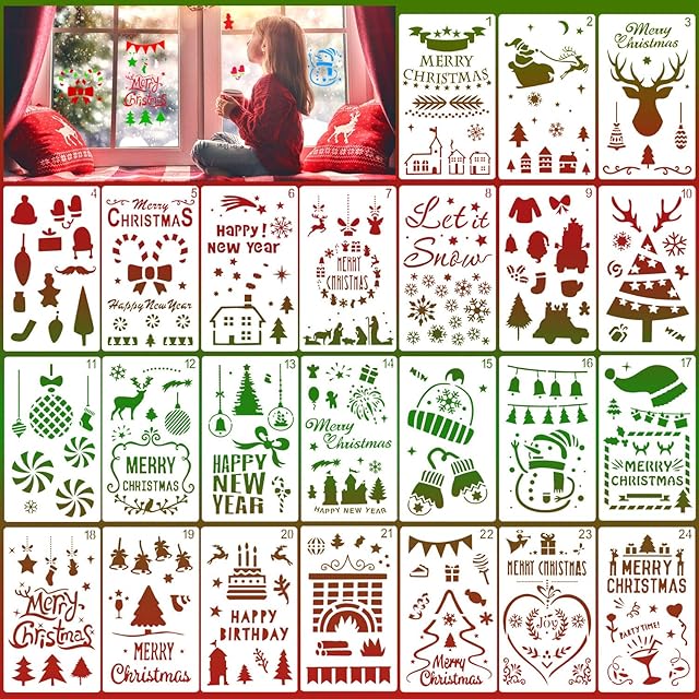 HOWAF 24 Pieces Christmas Stencils Template Reusable Plastic Stencils Art Craft Stencil for Drawing Painting Spraying Window Glass Door Car Body Wood Journaling Scrapbook Xmas DIY Decoration