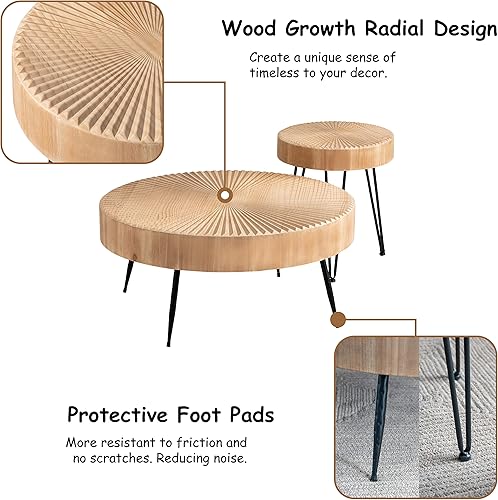 Miniatura 14 de COZAYH Juego de mesa auxiliar redonda anidable de 2 piezas, parte superior de madera natural con patas de metal negro, patrón radial, acento rústico