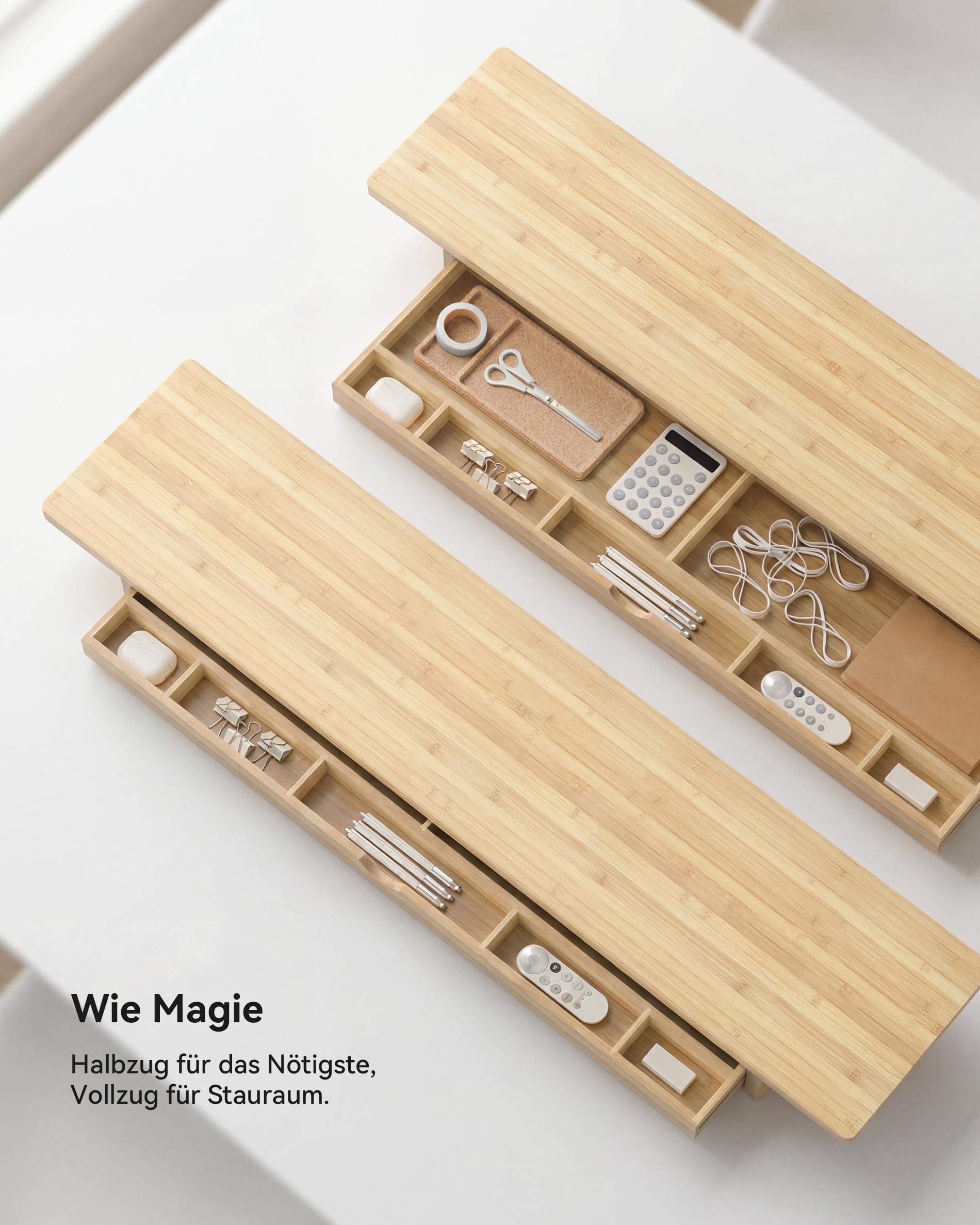 WELL WENG Bambus Monitorständer mit groß Schublade Bildschirmständer , 107x23,5x11 cm,Monitorerhöhung ergonomischer Bildschirmerhöhung schreibtisch mit Platz für die Tastatur, Naturbambus