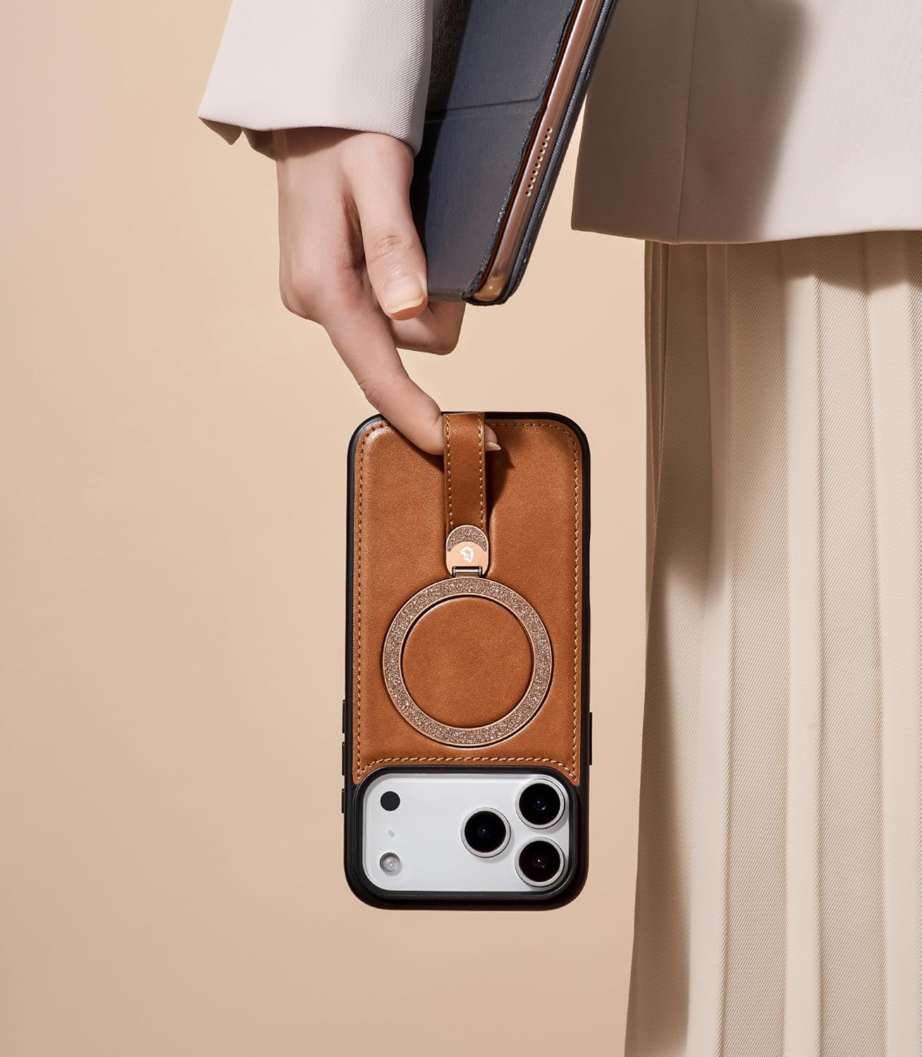 for iPhone 17 Pro Leather Case with Glitter Sparkly Shiny Stand | Fits for MagSafe (Brown, iPhone 17 Pro)