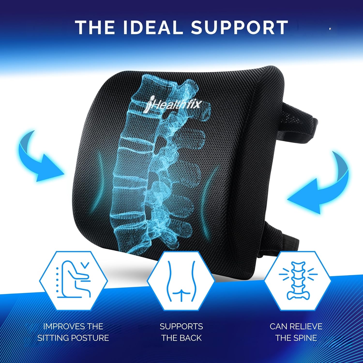 Healthfix® Ergonomic Lumbar Support Pillow – Expertly Designed in Germany – Improves Posture & Relieves Back Pain – Memory Foam Back Cushion for Office Chair & Couch - Medium (130–200 lbs)