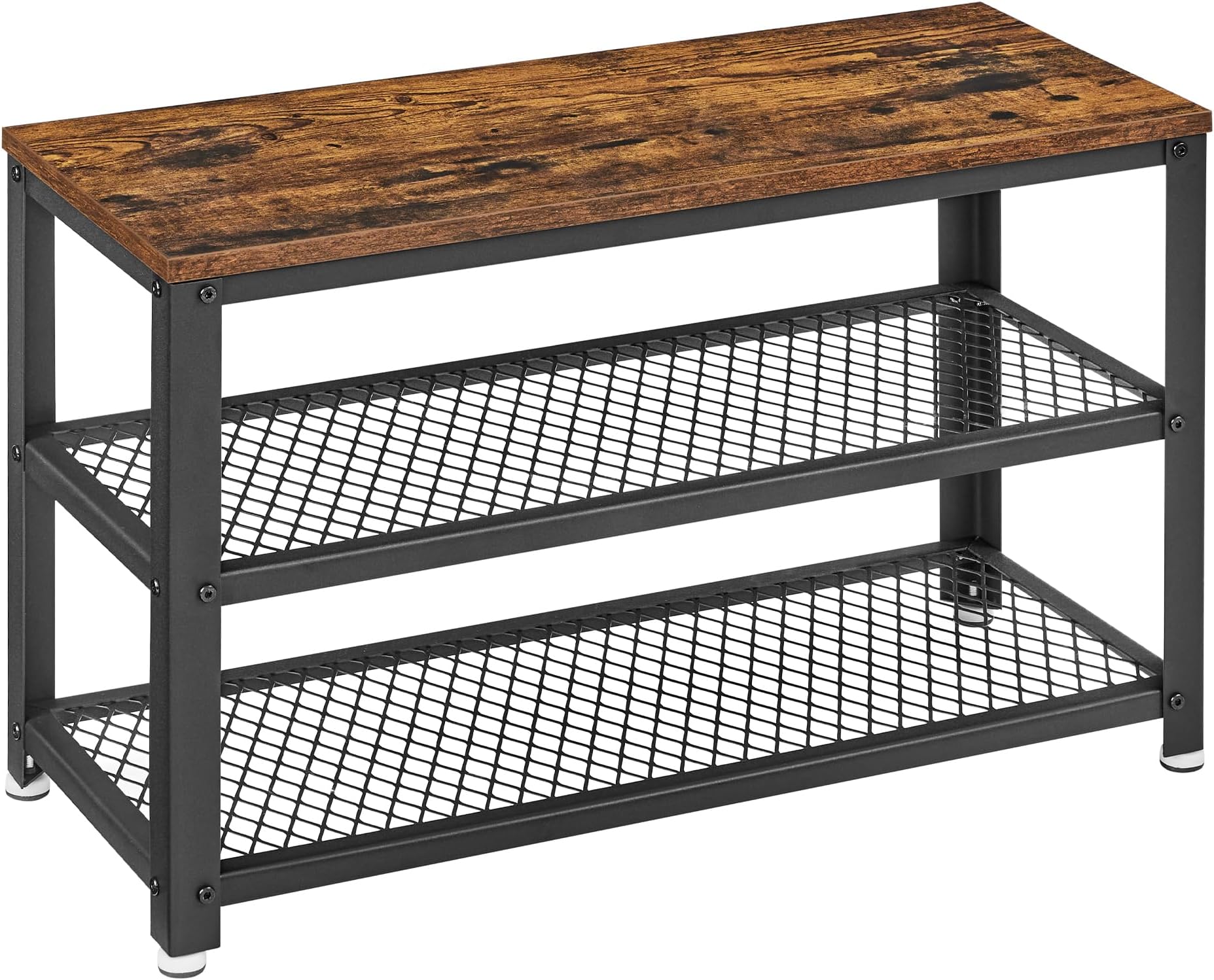 - VASAGLE 3-Tier Shoe Rack, Shelf Storage Bench with Metal Mesh Shelves and Seat, Free Standing Shoe Organizer for Entryway, 11.8 x 28.7 x 17.7 Inches, Rustic Brown and Black ULBS73X