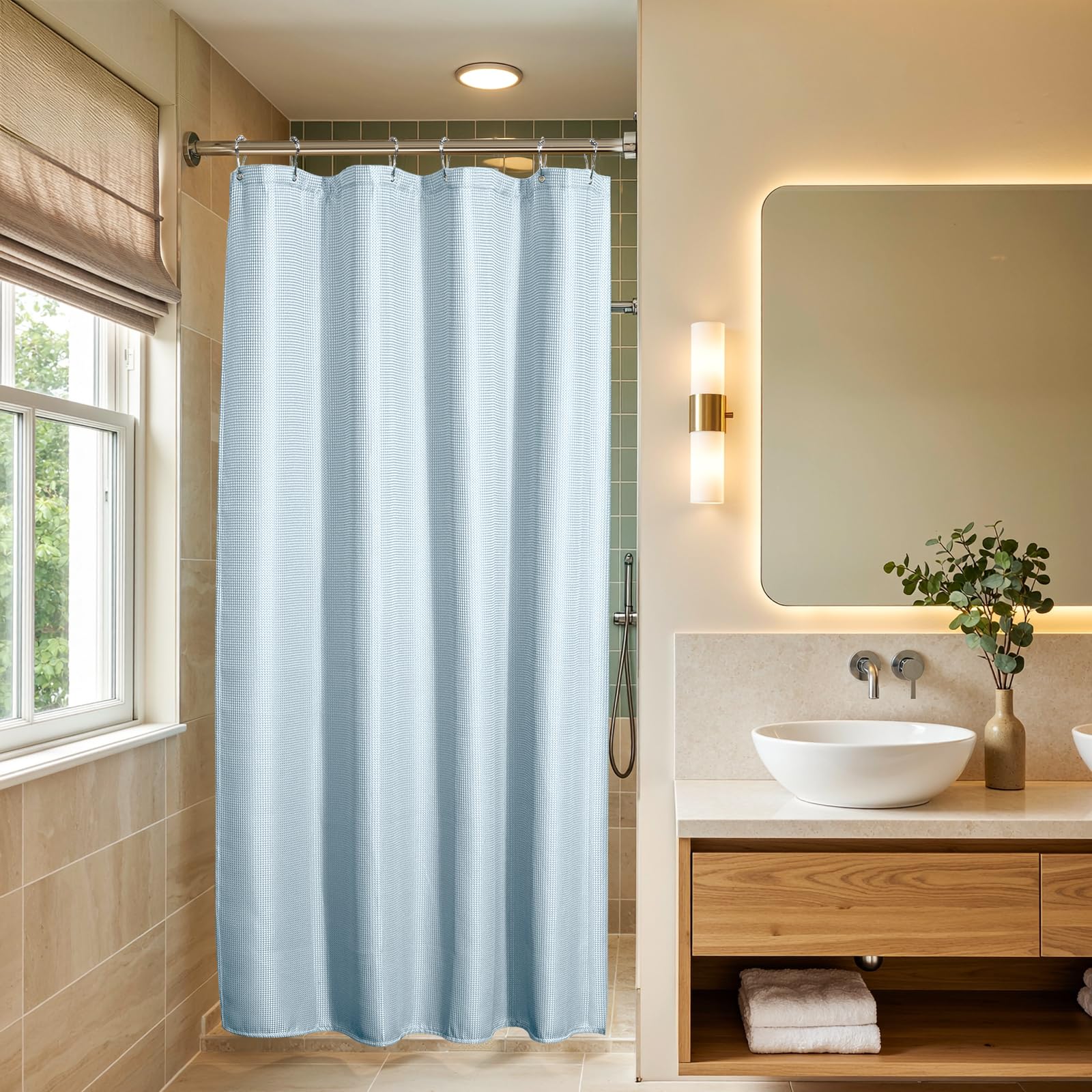 AmazerBath Small Shower Curtain Waffle, Stall Shower Curtain, Fog Blue Shower Curtain Fabric, Hotel Quality Bathroom Shower Curtains, Heavy Duty, 36 x 72 Inches