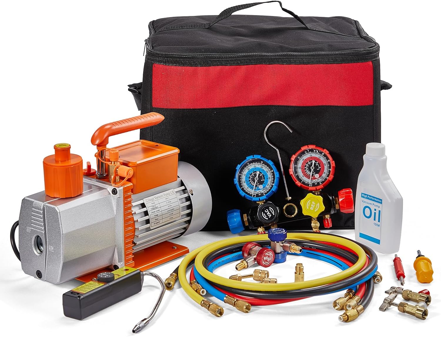 AC Vacuum Pump and Gauge Set, 1/2HP 5 CFM Vacuum Pump Manifold Gauge with 3 Hoses Adapter for R134a R12 R22 R410a R502 A/C Vacuum Pump Kit Auto HVAC Systems Air Conditioning Refrigeration Recharging