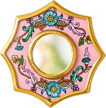 Mini Mirror 4x4 inch - Floral Design - Small Round Reverse Painted Glass Wall Accent - Gold Frame Peruvian Home Decor Pink