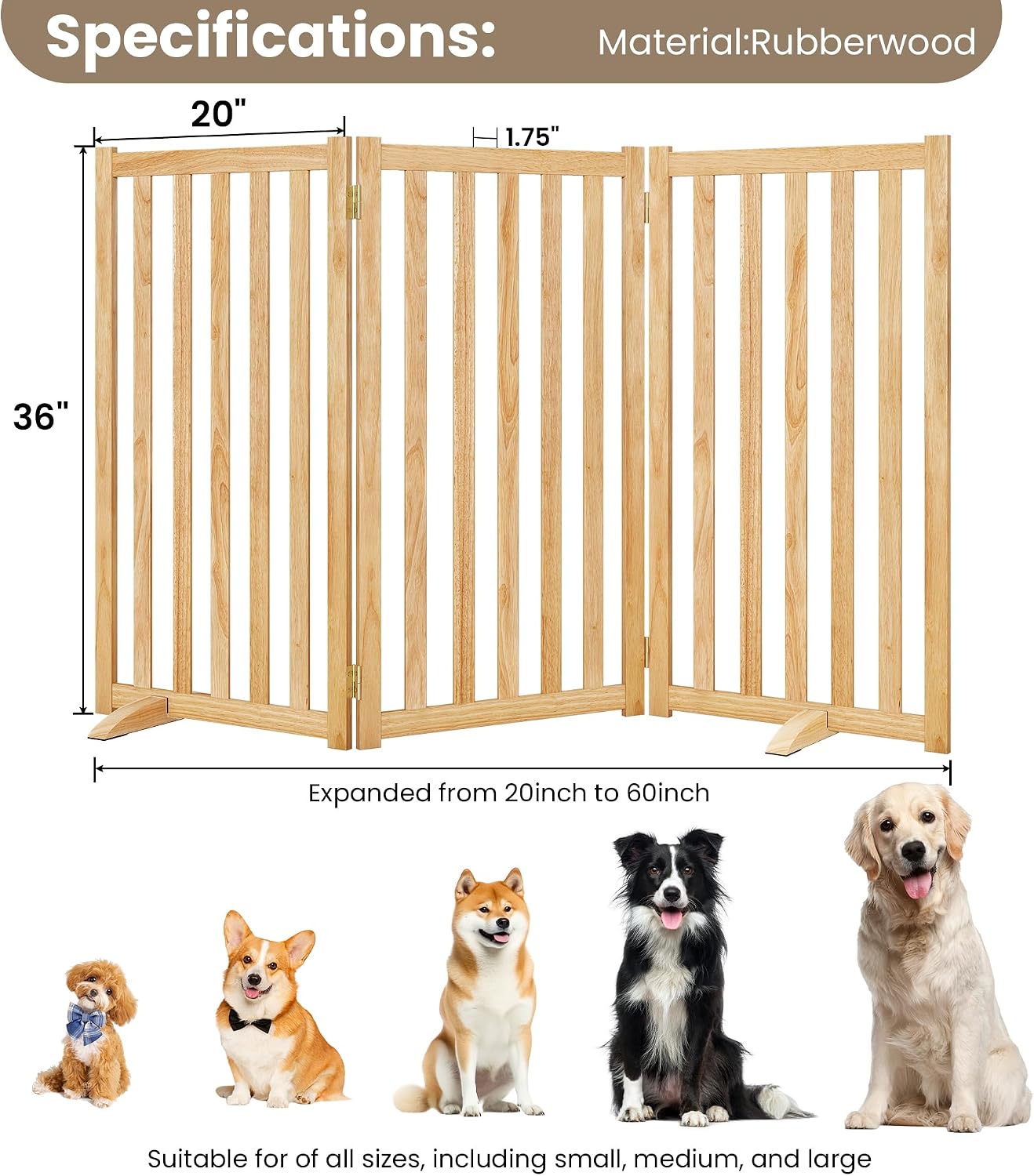 Wire Dog Gate Solid Wood Frame, 36" Height, Anti-Chewing Pet Gate Indoor Freestanding Indoor Foldable Dog Fences for Stairs, House, Doorway Extra Wide, 3-Panel, 60" Wide, Natural