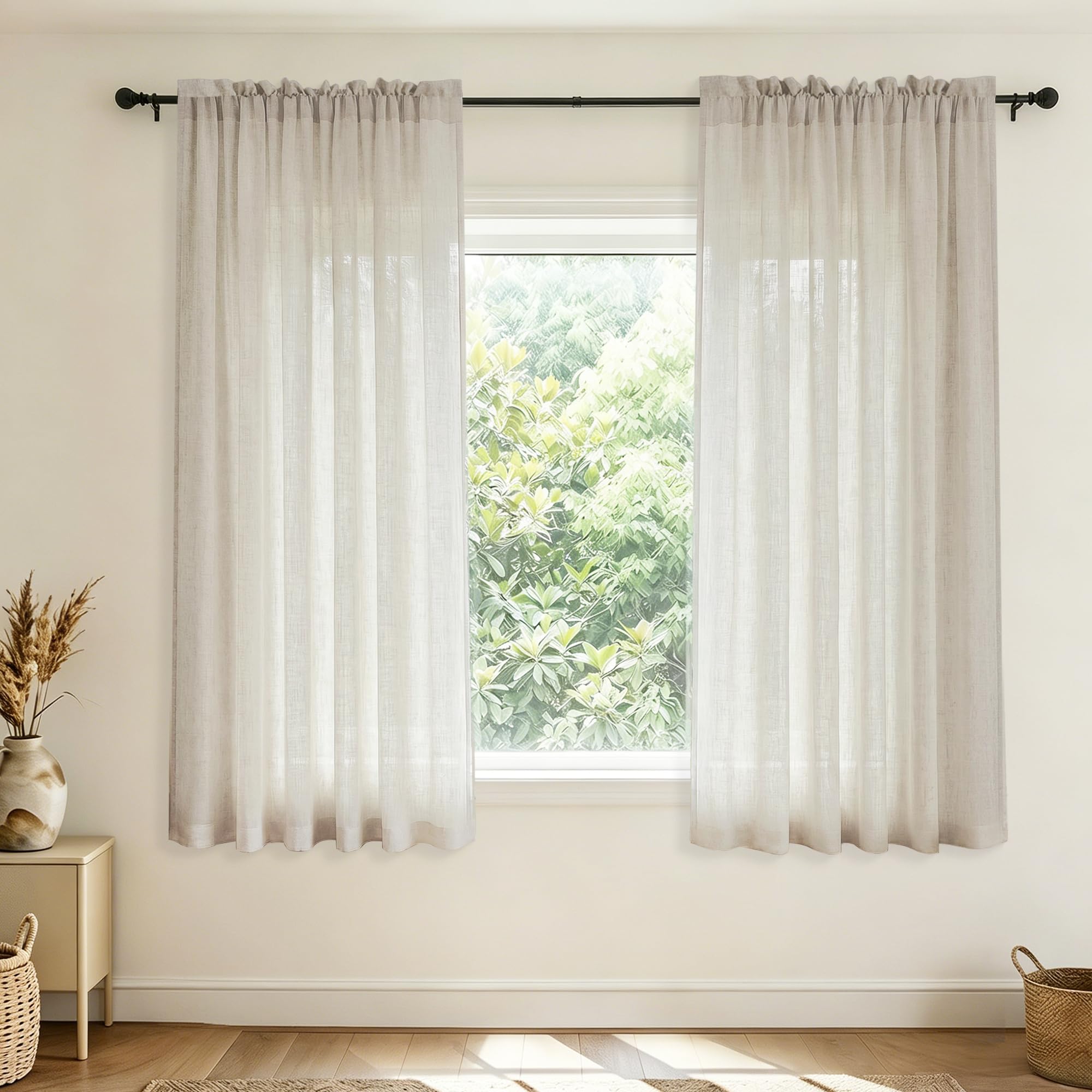 Tende in lino per piccole finestre, lunghezza 114 cm, 2 pannelli con tasca per asta, in iuta effetto cotone, corte, leggere, classiche, per cucina, bagno, cantina, stile industriale e rustico, beige