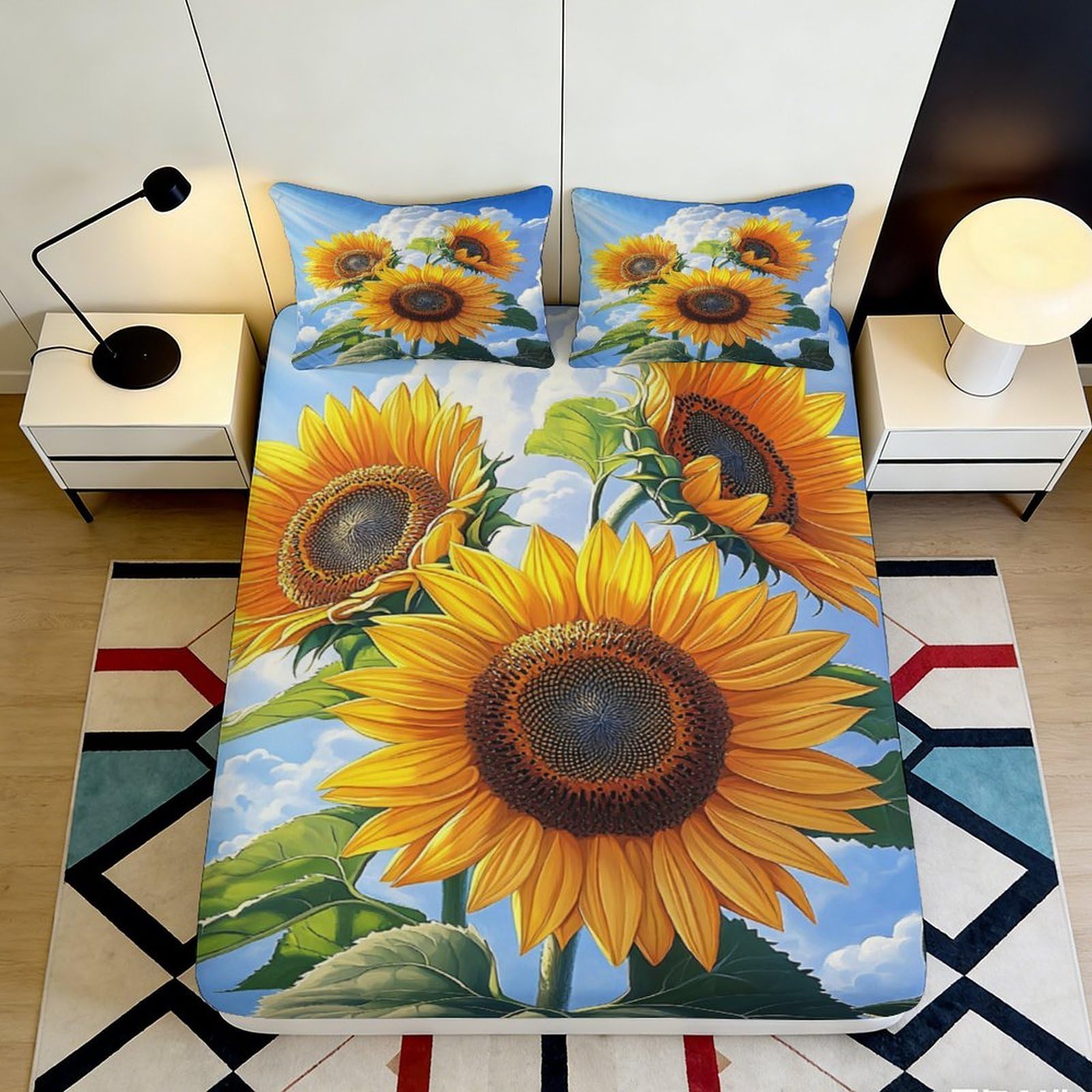 Pnayamiorkfel Style-4 3D Printed Sunflower Sky Fitted Sheet Microfiber Anti-Slip Easy Care Bed Cover Floral Decor For Bedroom Guest Room 90X200x25cm
