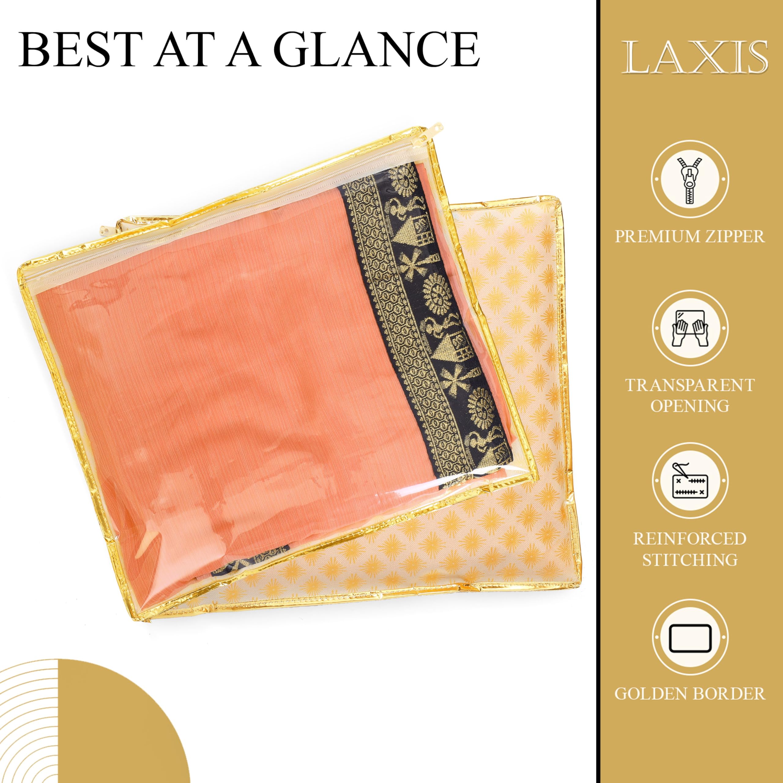 LAXIS® Non-Woven Single Saree Cover, Saree Bags, Transparent Saree Covers with Zip for Storage, Dust & Waterproof, Wardrobe Saree Packing Covers, Size-36x42x2 CM (Pack of 10, Orange) 2
