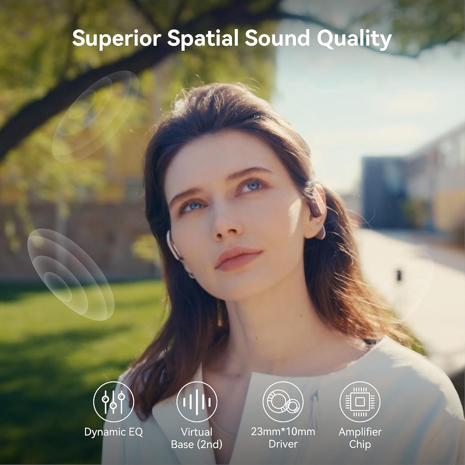 Woman enjoying superior spatial sound quality with Oladance OWS Pro headphones