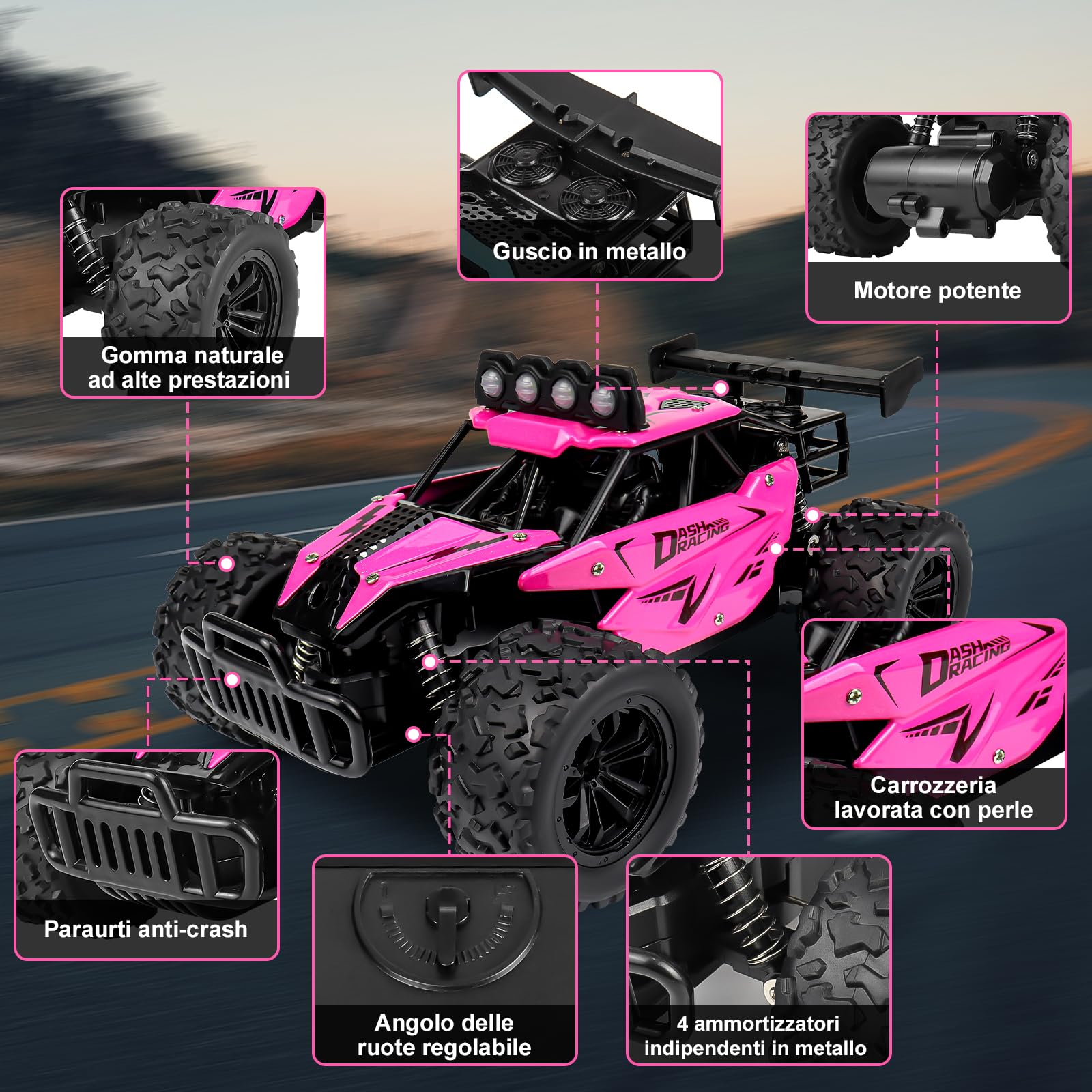 Joellfuner Macchina Telecomandata per Bambini, 2.4Ghz 1:16 Macchina Radiocomandata con Luce LED Quattro Colori, 20KM/H Monster Truck Telecomandato con marce alte e basse per bambini 3+ anni (Rosa)