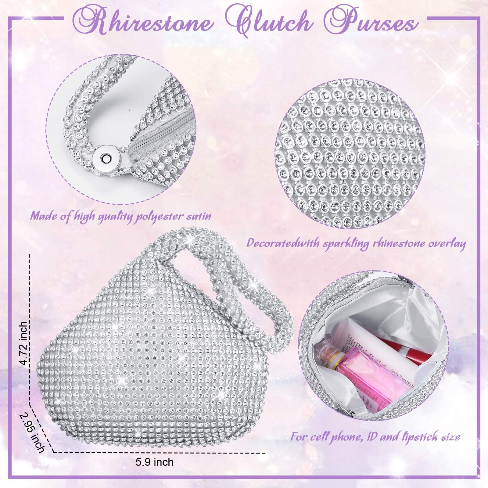 Meanplan 4 Piece Silver Rhinestone Clutch & Jewelry Set For Women - Wedding, Prom, Evening Party