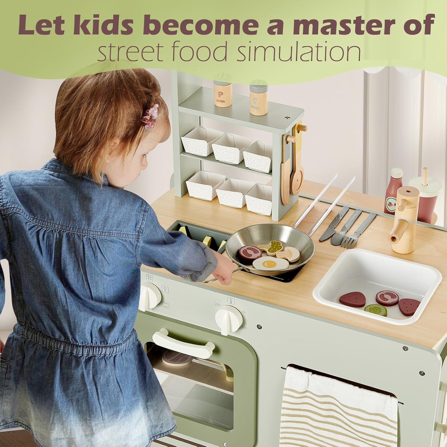 Wooden Food Cart, Kitchen Playset 50-Piece Toddler Pretend Play Grocery Store with Sink and Ice Maker, Kitchen Set for Kids Ages 3+, Gift for Boys and Girls image 5 of 6 B0DF7R5494