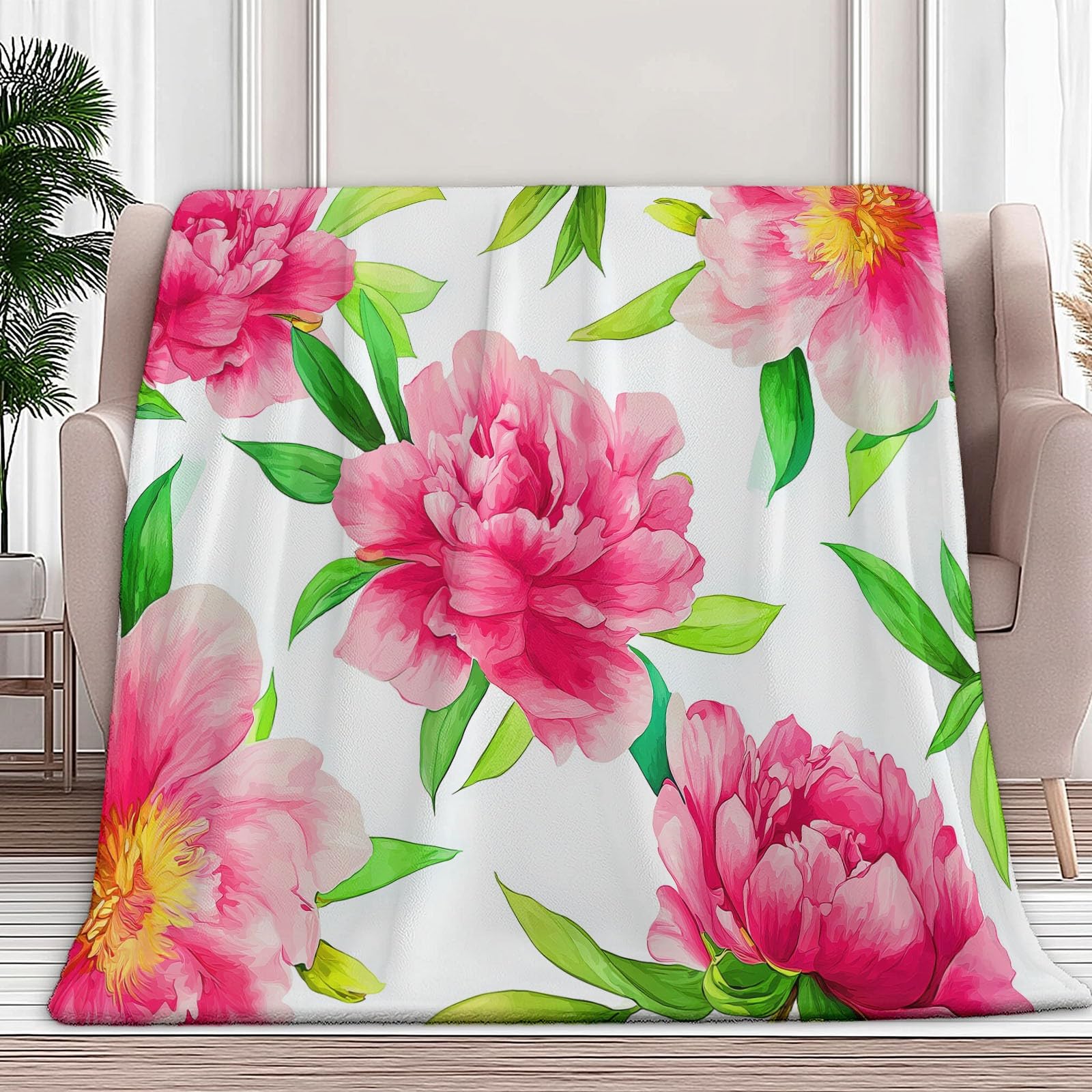 Couverture plaid polaire 220x240 cm aquarelle rose pivoine