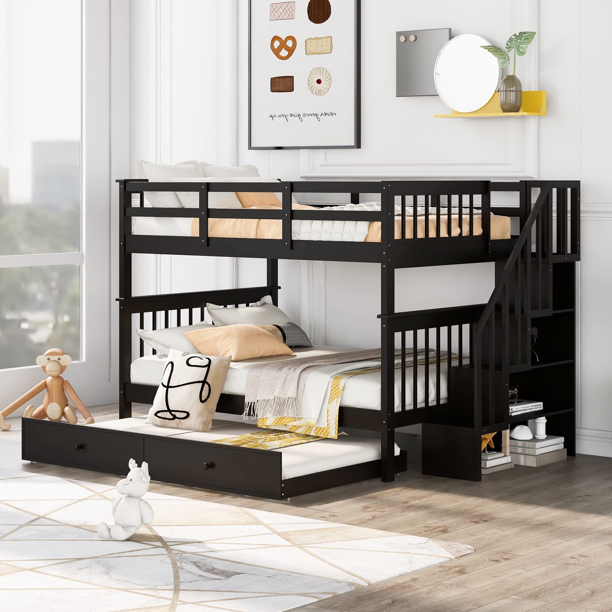 Bunk Bed with Twin Size Trundle,Stairway Full-Over-Full Bed Frame with Shelves Storage and Full-Length Guardrail for Bedroom, Dorm Kids, Adults, No Box Spring Required (Espresso)