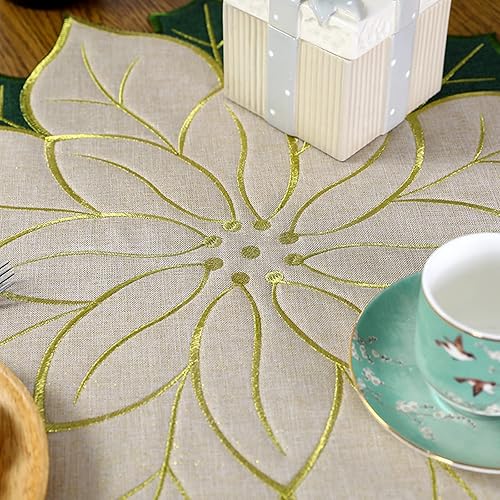 Miniatura 6 de Manteles individuales redondos de Navidad de 15.7 pulgadas, mantel individual bordado de flor de pascua rojo y verde, manteles de mesa de Navidad