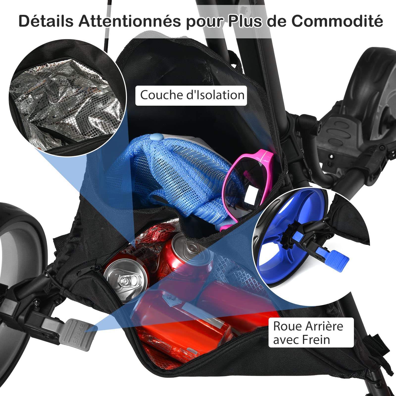 GOPLUS Chariot de Golf Pliable à 3 Roues, 4 Positions de Hauteur Réglables, Cadre en Alu, Porte-ombrelle Réglable, Sac Étanche, Frein à Pied, 121 x 70 x 116 CM