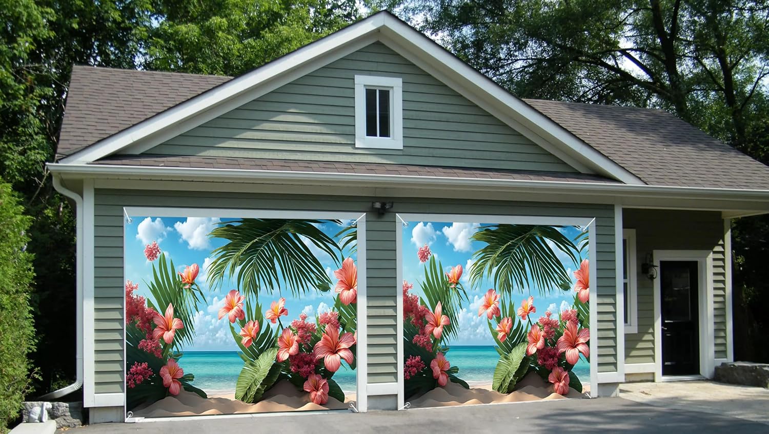 7x8ft Summer Seaside Garage Door Decor Beautiful Pink Flowers Green Palm Tree Leaves Beach Garage Door Backdrop for Holiday Vacations Wedding Ceremony Birthday Party Garage Door Banner