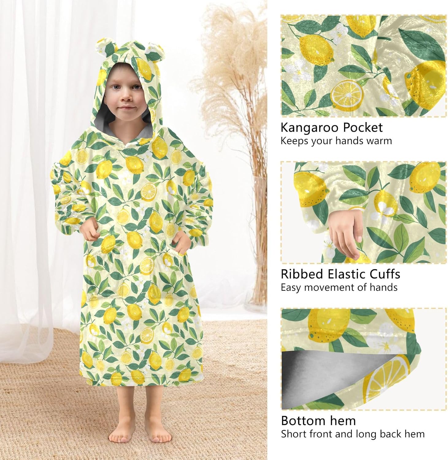 Yellow Lemon Tree Wearable Blankets for Kids, Soft Warm Cozy Blanket Hoodie for Boys Girls with Pocket