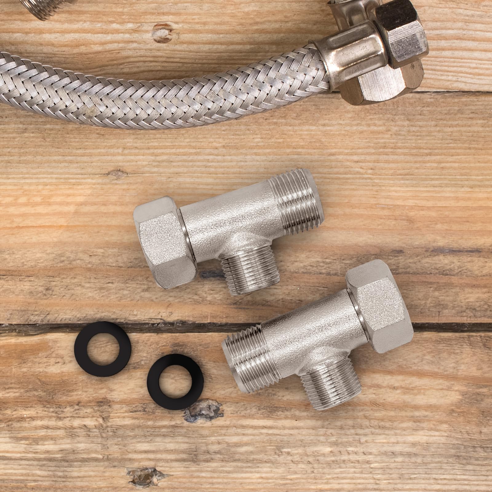 2 valvole angolari 3/8, 9/16 T, set di collegamento per WC, valvola di conversione a 3 vie, raccordo per acqua, raccordo a T, rotazione di 180°, nichelato, valvola di scarico per casa, bagno e