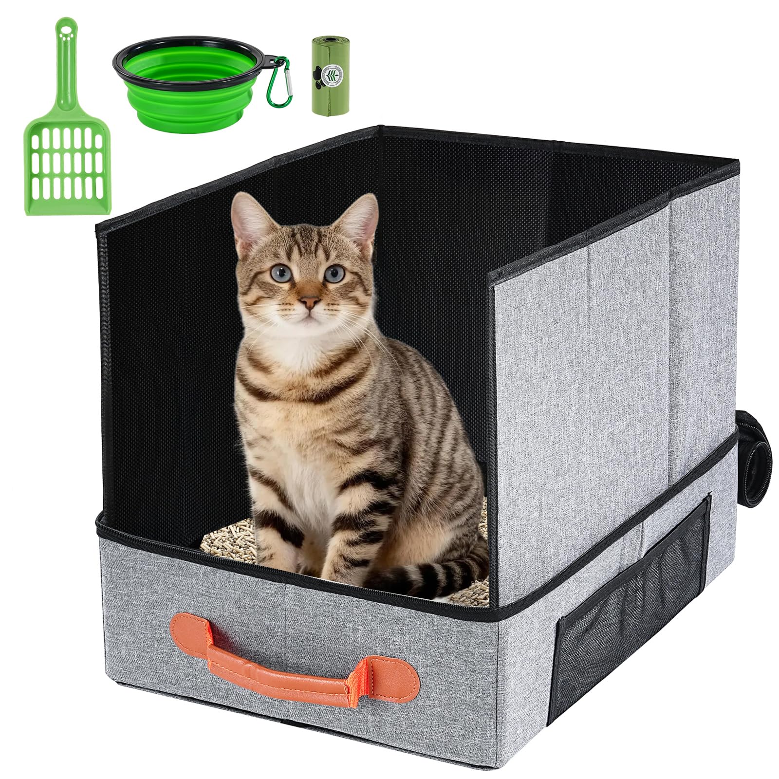 Uross Portable Travel Litter Box With Baffle for Cats Kitten, Foldable and Lightweight Design, Waterproof with Zipped Lid, Leak-Proof Cat Litter Box, Suitale for Hotels and Cars - 46cm x 36.5cm x 13cm