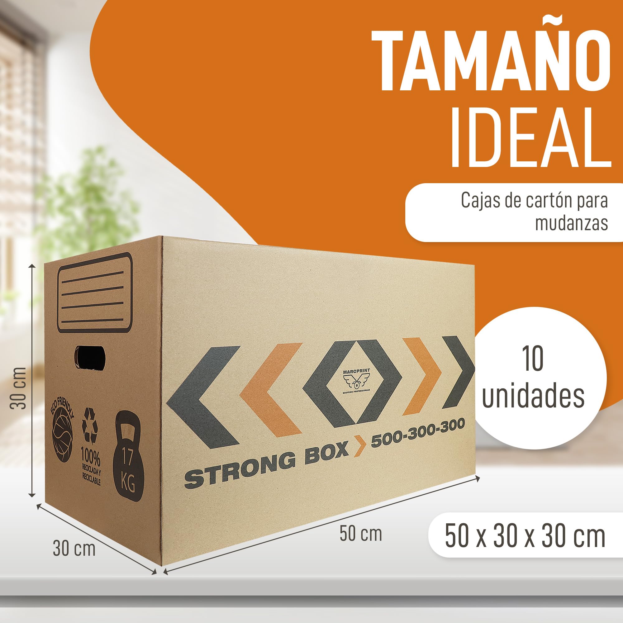 10 Cajas Mudanza Talla L de 45 Litros + PRECINTO - Cajas Carton Mudanza (50x30x30cm) Reforzadas y Resistentes - Cajas de Carton Certificación FSC - 100% Reutilizables