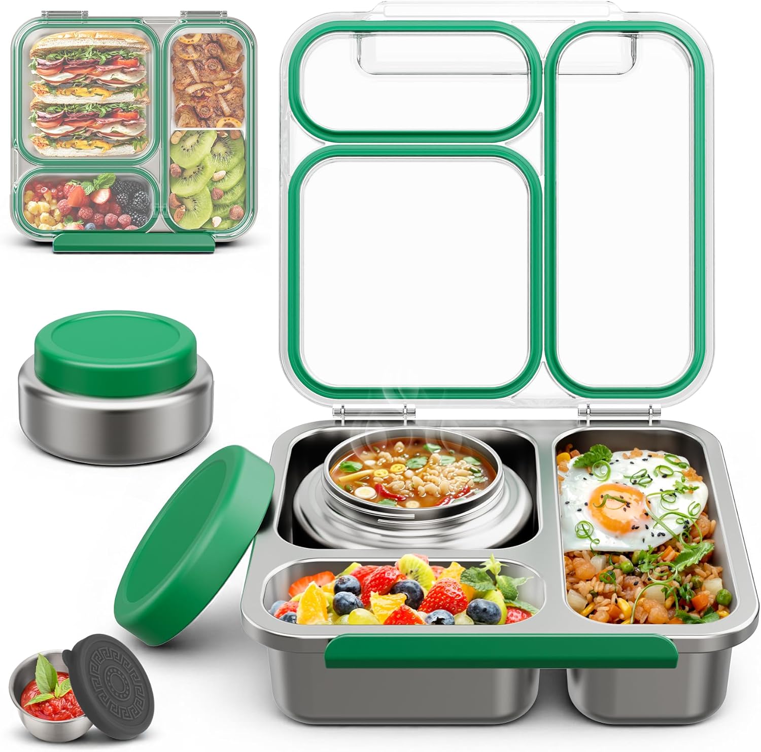 Stainless Steel Bento Box Kids Adult with 7oz Soup Thermo, Transparent Lid 3 Compartments Metal Bento Lunch Box with Insulated Food Jar,Lunch Box Container Sauce Cup for School,BPA-Free(Green)
