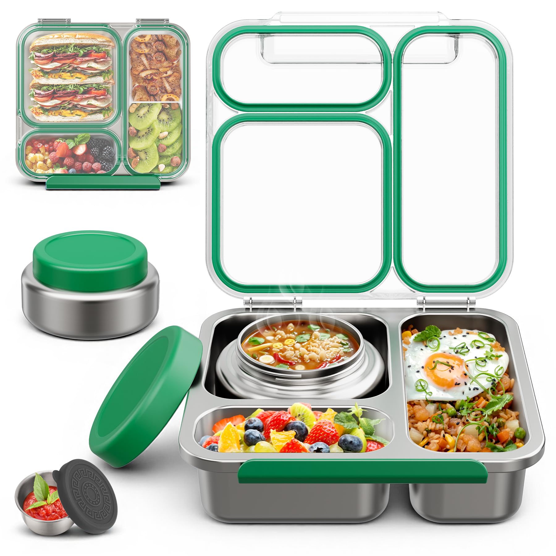 Itslife Bento Lunch Box Adulti Bambini in Acciaio Inox con 200ml Contenitore Termico per Alimenti, Porta Pranzo 3 Scomparti con Contenitore per Salse, per Lavoro Picnic Ufficio, senza BPA, Verde
