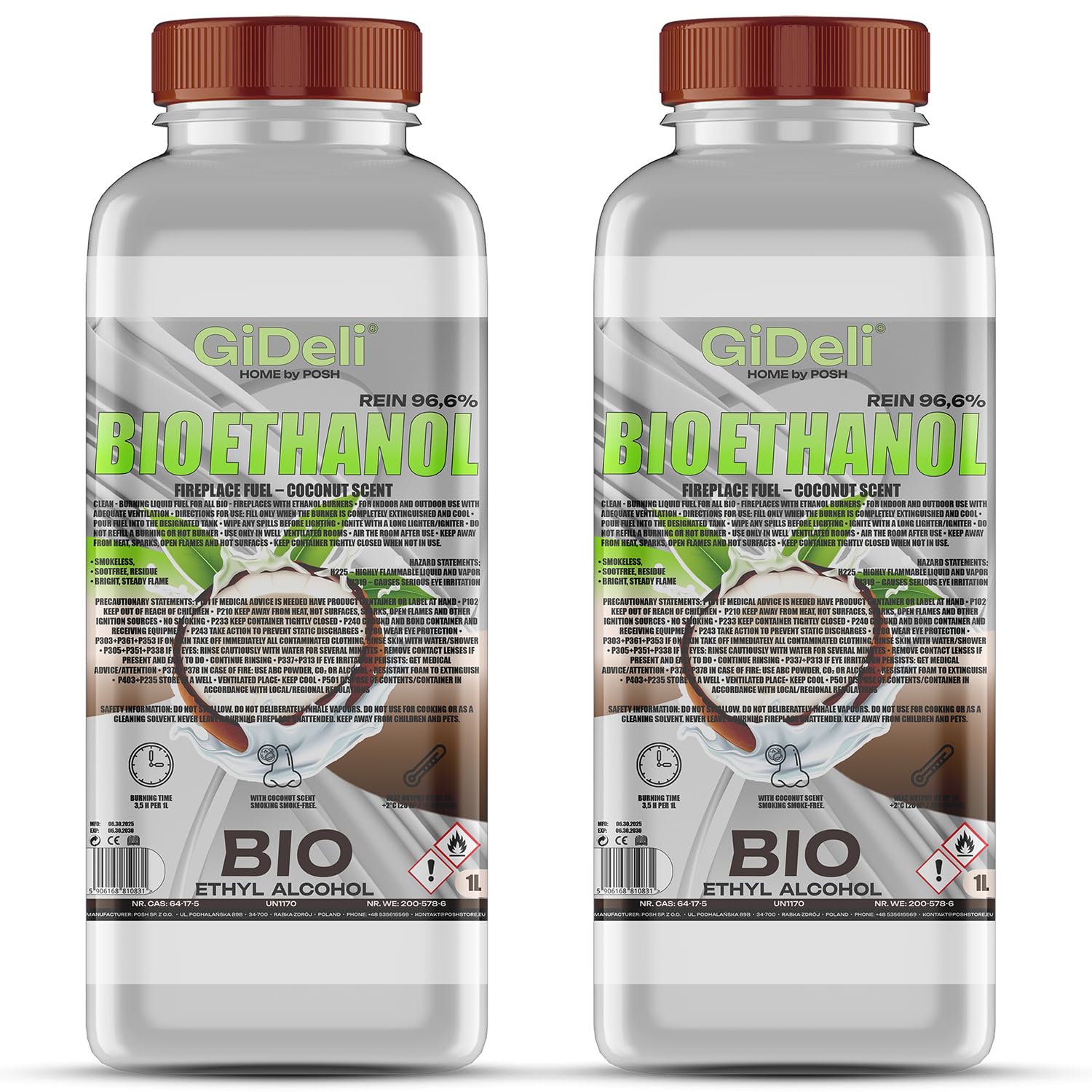 GiDeli Bioetanol 2 x 1 l de aroma de coco 96,6% etanol para interior y exterior, sin humo ni hollín, de maíz y remolacha azucarera