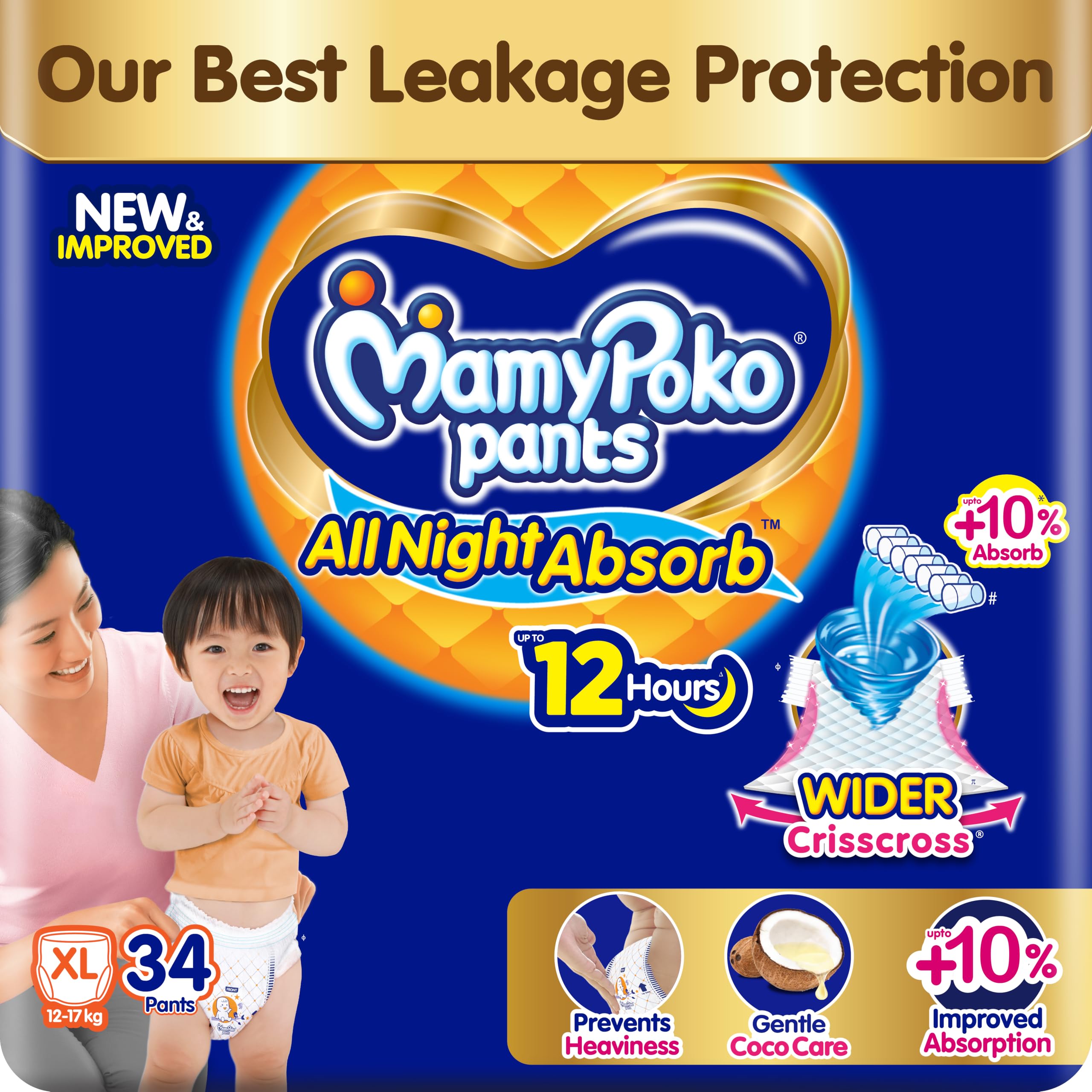 New Mamypoko Pants Premium All Night Absorb| Pant Style Baby Diapers X- Large Size(XL), 34 Count, Ideal for 12-17Kgs|1 Diaper= Upto All Night Absorption now with 10% increased power|Wider Crisscross Sheet|Gentle Coco Care| 12hr Leakage Protection| Prevents Heaviness.-image-28