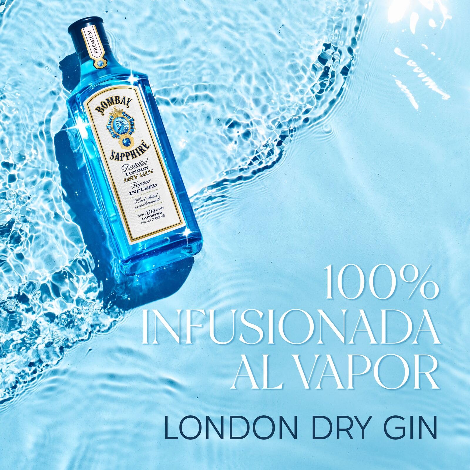 Bombay Sapphire London Dry Gin, 40% Vol., 100 cl / 1 L, bebida espirituosa 100% infusionada al vapor con 10 botánicos seleccionados a mano