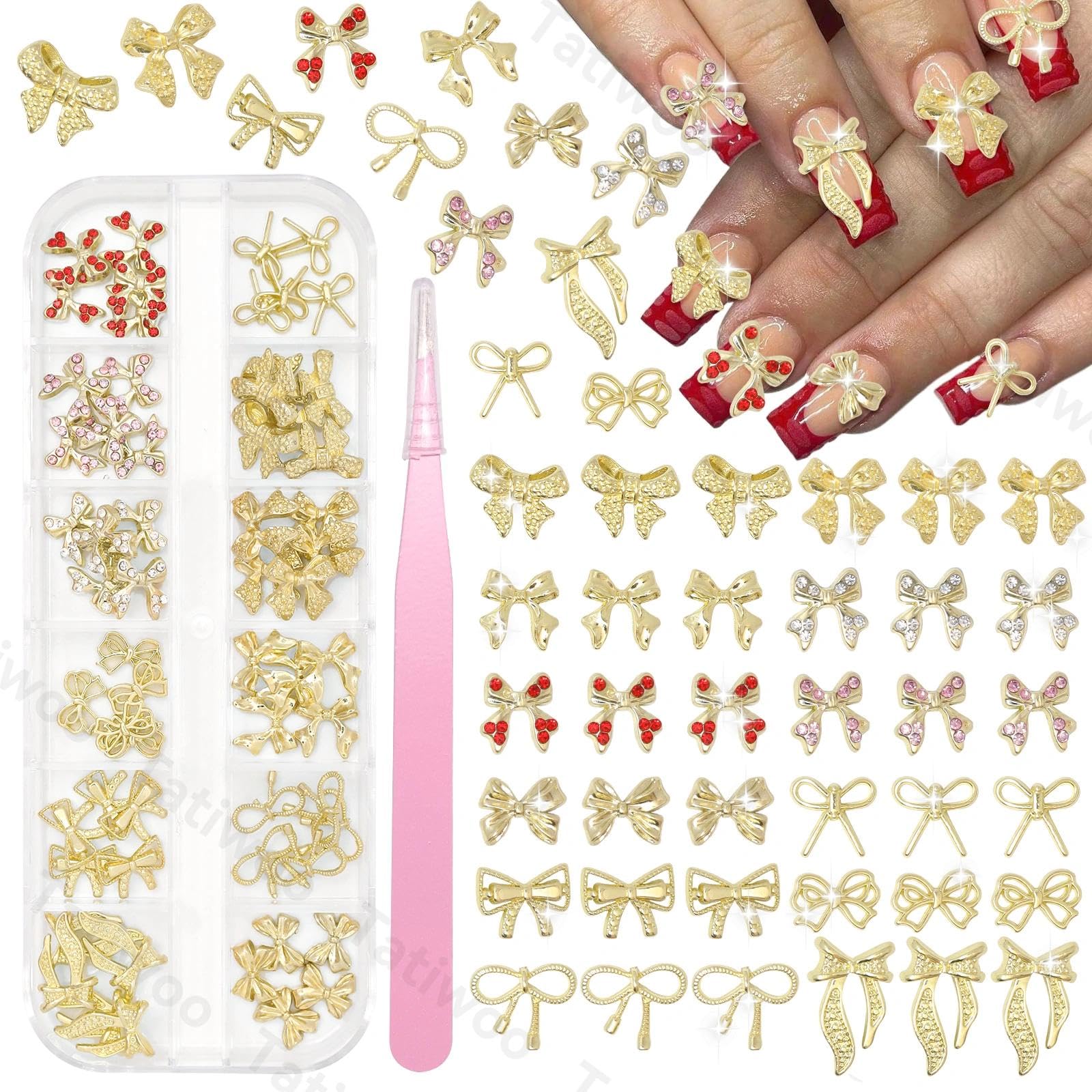 60 pcs gold bow nail charms, mixed 3d bow nail charms and gems with pink red rhinestones, bowknot charms for acrylic nails diy crafts accessories
