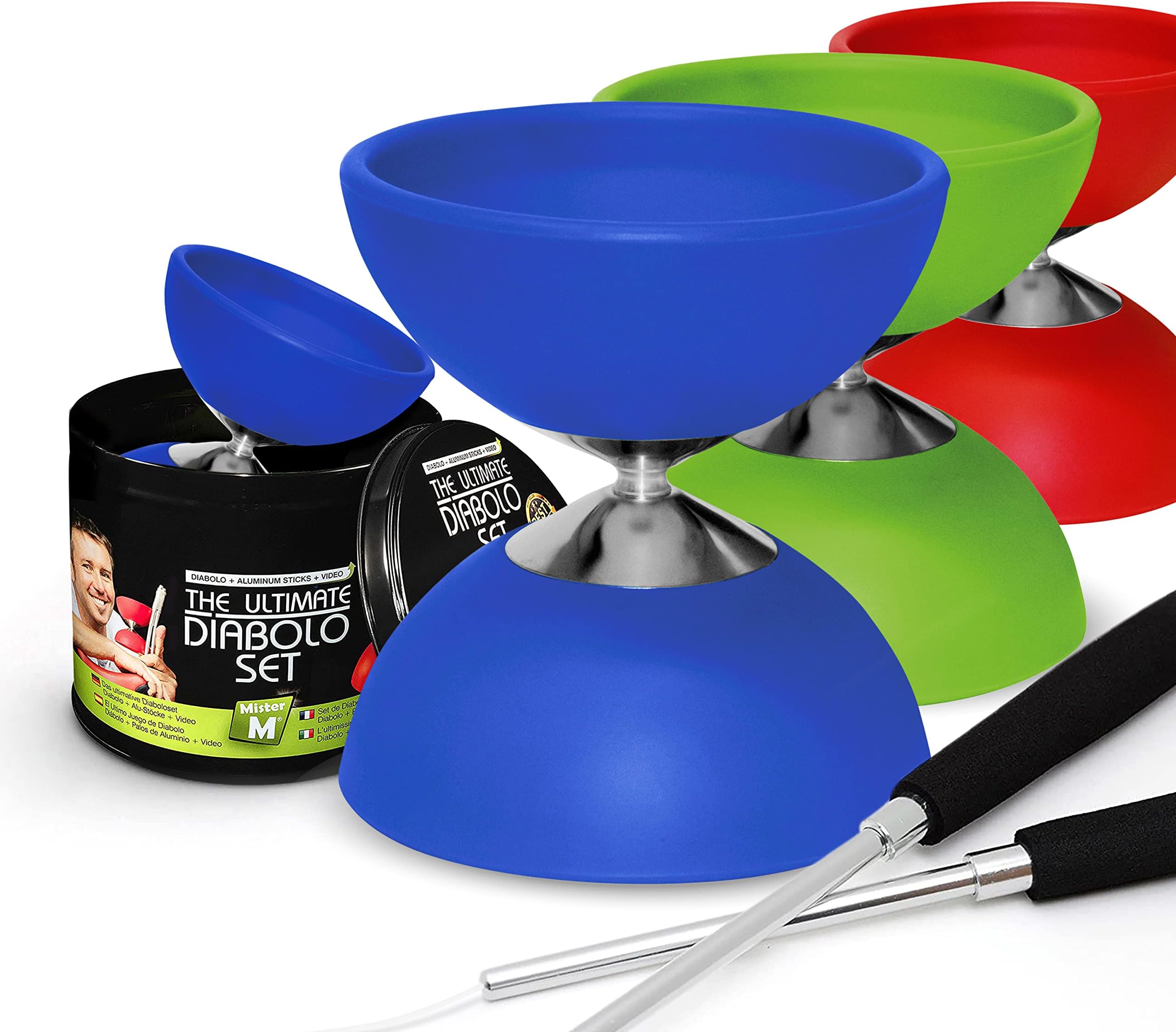 Diabolo Mister M | Beginner-Friendly Juggling Set | Blue with Fixed axle | with Replacement String | Incl. app and Video tutorials to Learn The Art of Juggling