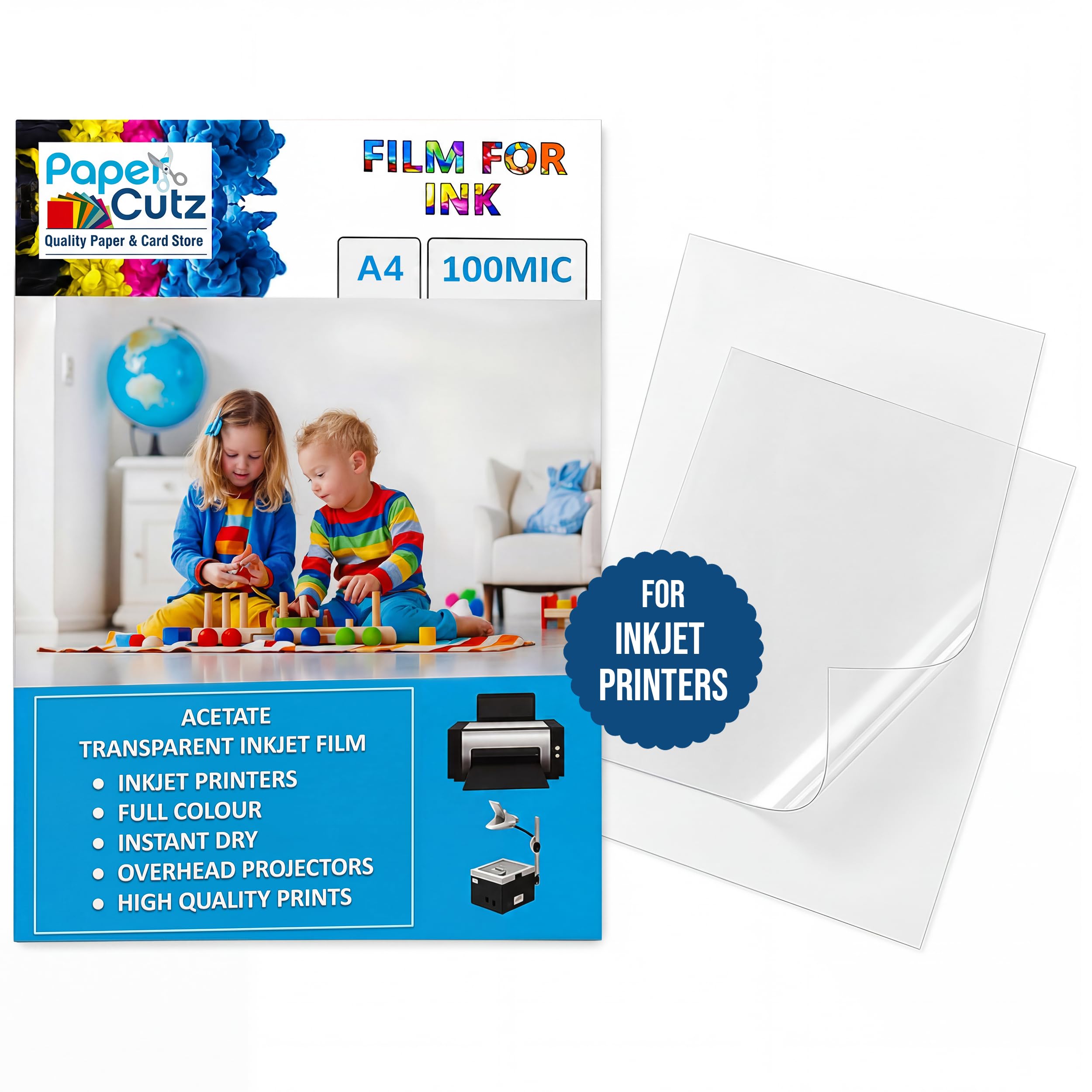 Papercutz A4 Inkjet Acetate Sheets (100 Sheets), 100 Micron Acetate Sheets A4, Transparent Paper for Printing, Overhead Projector Film, OHP Sheet, Clear Plastic Sheeting for Crafting