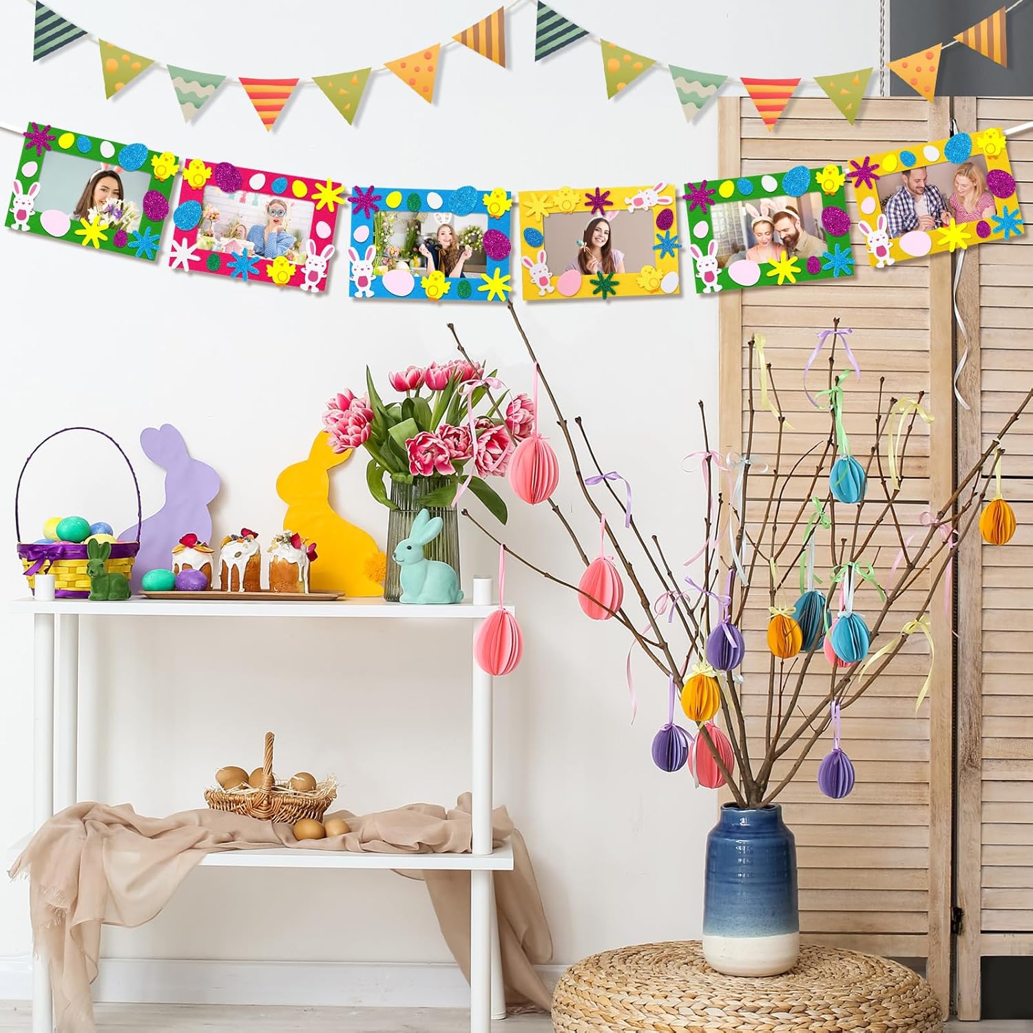 Ferraycle 232 Pieces Easter DIY Picture Frames Craft Kits 32 Pieces Easter Felt Photo Frames with 200 Self Adhesive Stickers for Bunny Egg Party Favor Home