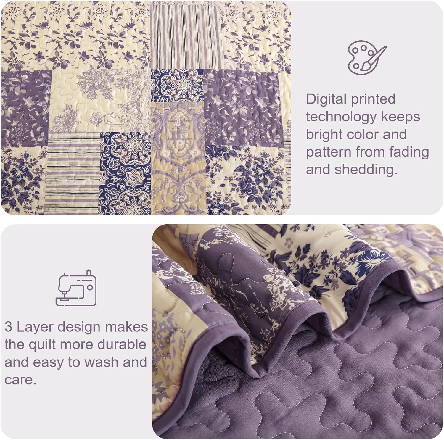 Drucon Purple Quilt Set King Size, Patchwork Pattern Spring Summer Bedspread Bedding Set, 3 Pieces Soft Lightweight Plaid Coverlet with 2 Pillow Shams for All Season 104x90 Inch - Image 4