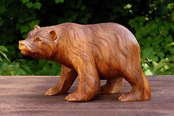 G6 Collection Wooden Bear Figurine Hand Carved Animal Sculpture, Rustic Cabin Decor, Wildlife Art for Nature Lovers, Handmade Wood Bear Statue Mini 8" Long