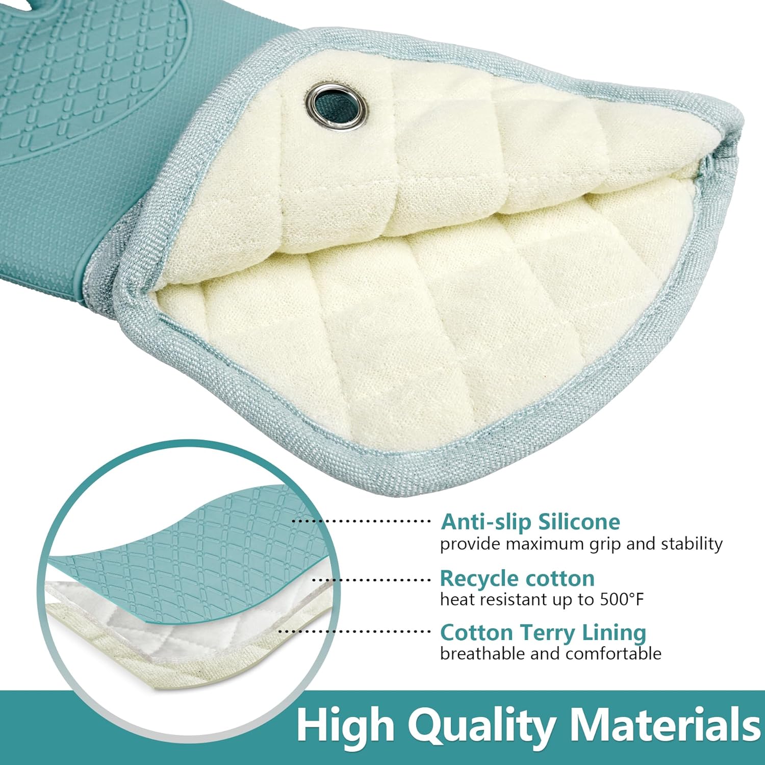 Professional Microwave Silicone Oven Mitts one Pair, Kitchen Mitten Set for Heat Resistant with 500 Degrees, Kitchen Gloves Pot Holder for BBQ Cooking Baking (Light Blue) - Image 3