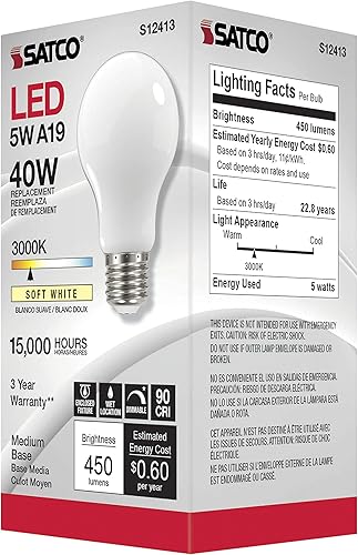 Miniatura 6 de Satco Paquete de 6 lámparas de filamento LED regulables, S12413, lúmenes altos, 5 vatios, A19 blanco suave 3000 K base media 90 CRI 120 voltios para