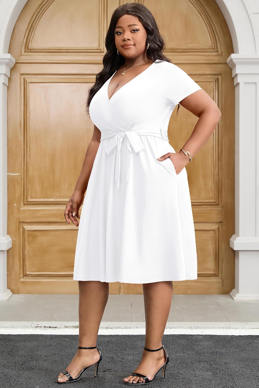 FANDEE Plus Size Midi Dress, V Neck Short Sleeve African Dress with Belt Summer Wrap Cocktail Dresses for Women with Pockets