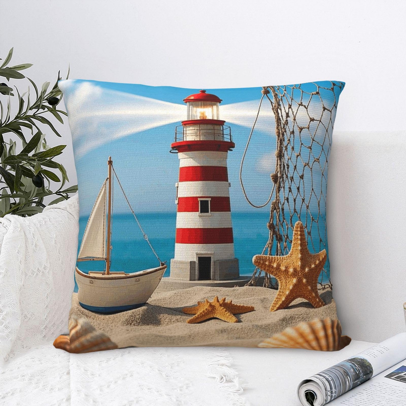 FodPand Luxury Velvet Throw Pillow Covers 18"x18" Super Soft Decorative Pillow Cases - Nautical Shell Ocean Lighthouse Starfish Pillowcases Modern Lumbar Cushion Cases for Couch Sofa Bed Pillow Shams