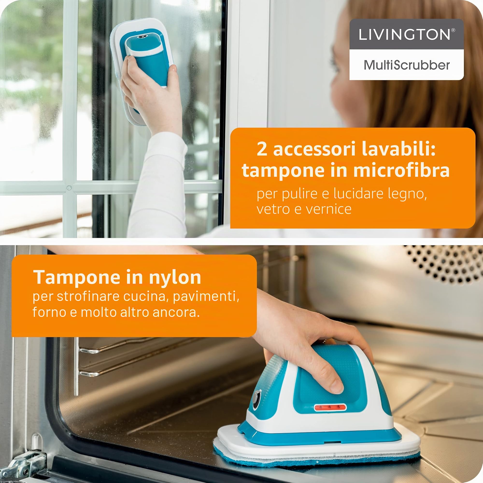 Livington MultiScrubber - Lavapavimenti Elettrico Ricaricabile per Pulire, Strofinare e Lucidare Senza Fatica - Sistema di Pulizia 2 in 1 - Incl. 2 Accessori