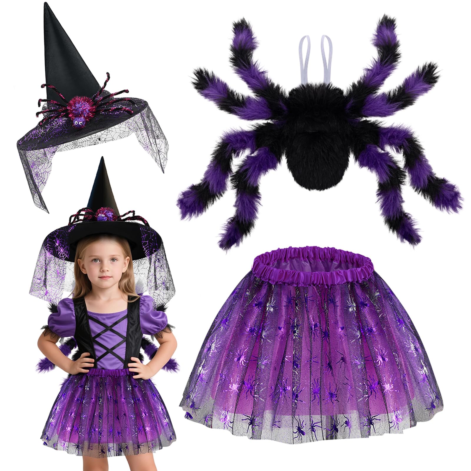 Beipegin Spider Costume for Kids Girls Spiderweb Tutu Skirt Witch Hat Spider Legs Wings Witches Vampire Fancy Dress Halloween Costume Cosplay