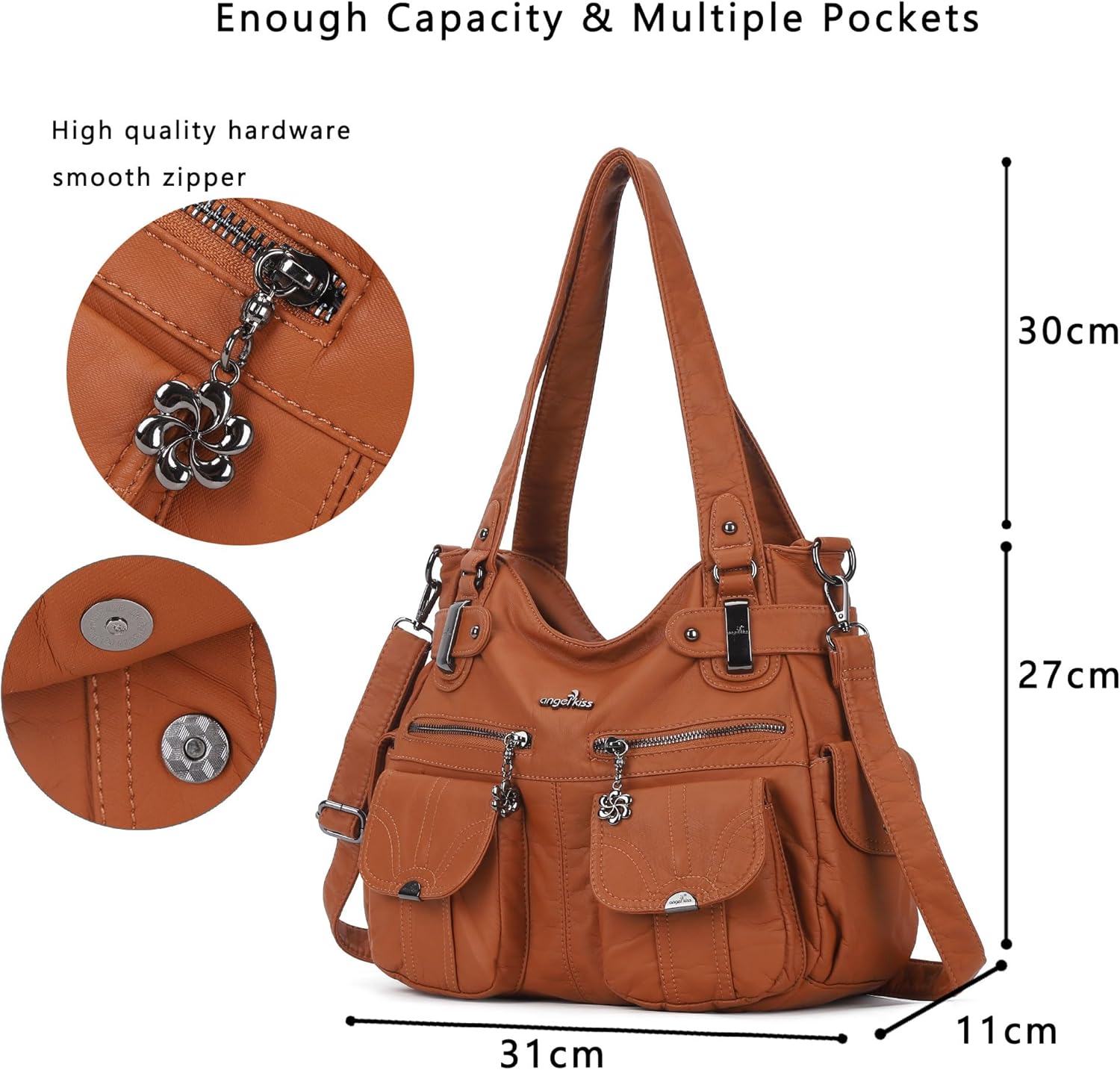 Angel Kiss Women's Designer Handbag Large Double Zipper Multi Pocket Washed Leather Purse - Image 3