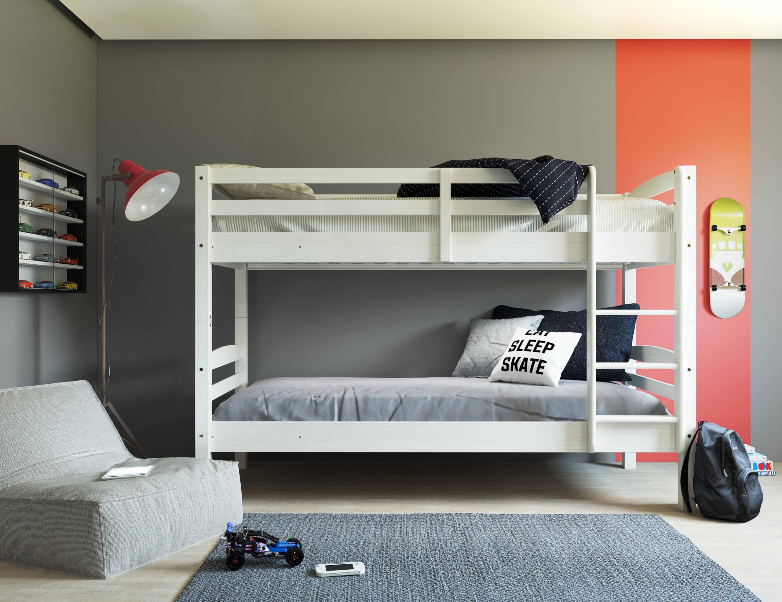 Inter Link – Lit Superposé pour enfants –Bois de pin massif – Avec échelle – 2 couchages 90 x 190 cm – Avec 2 sommiers à lattes – Barrière de sécurité - Rick – Vernis blanc, 90x190cm