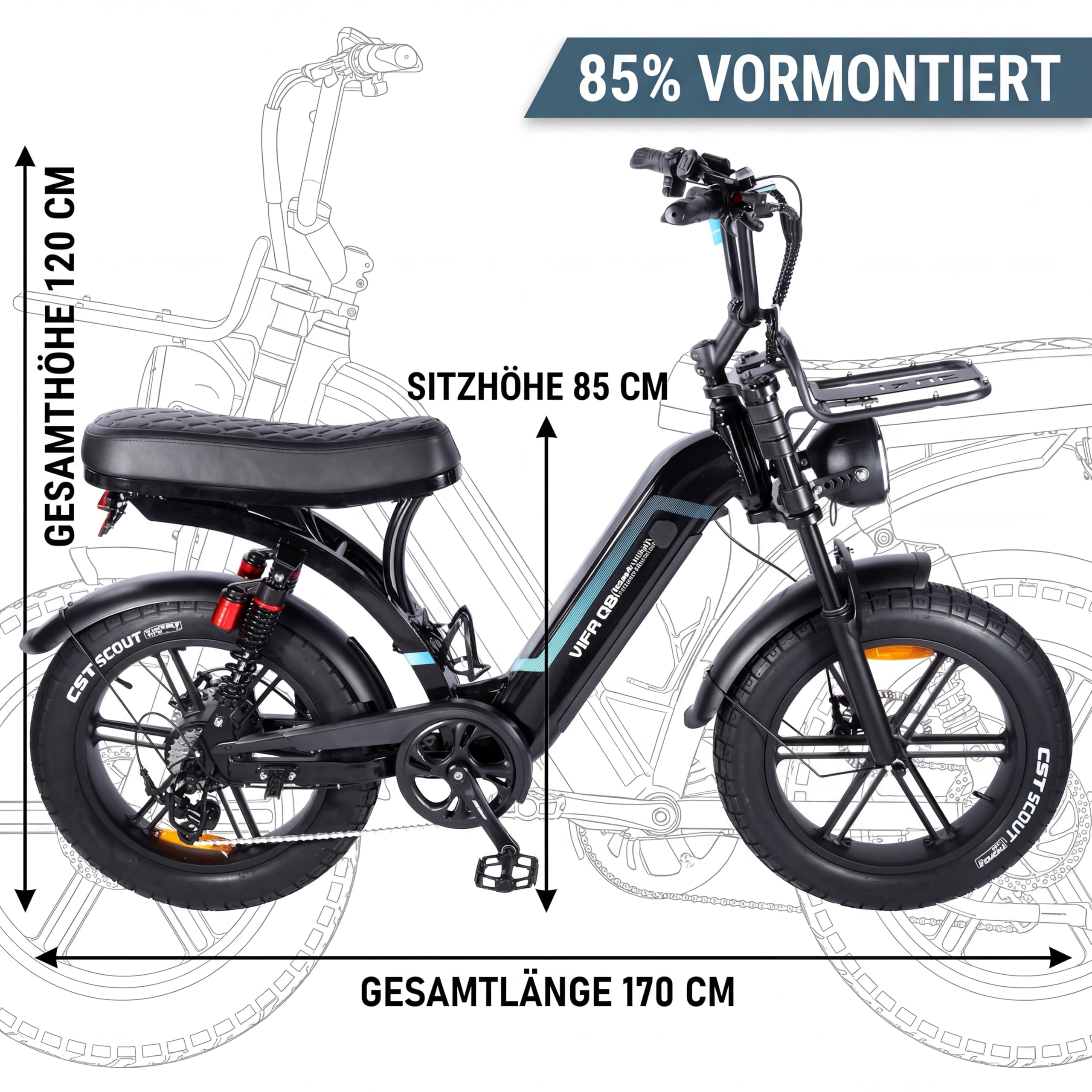 OUXI Q8 E-Bike 20 Zoll Fatbike Elektrofahrrad Pedelec, 250W Motor 60Nm, 48V 15Ah Akku 60-80km, Hydraulische Scheibenbremsen, Vollfederung, Blinker & Frontgepäckträger