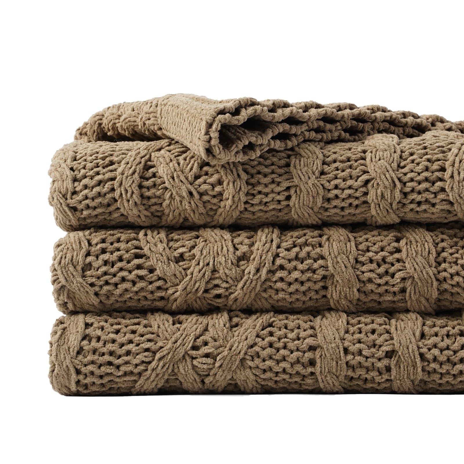Bedspread Soft Woven Chenille Blanket Plaid Throw for Sofa Thick Warm On The Bed(Camel)